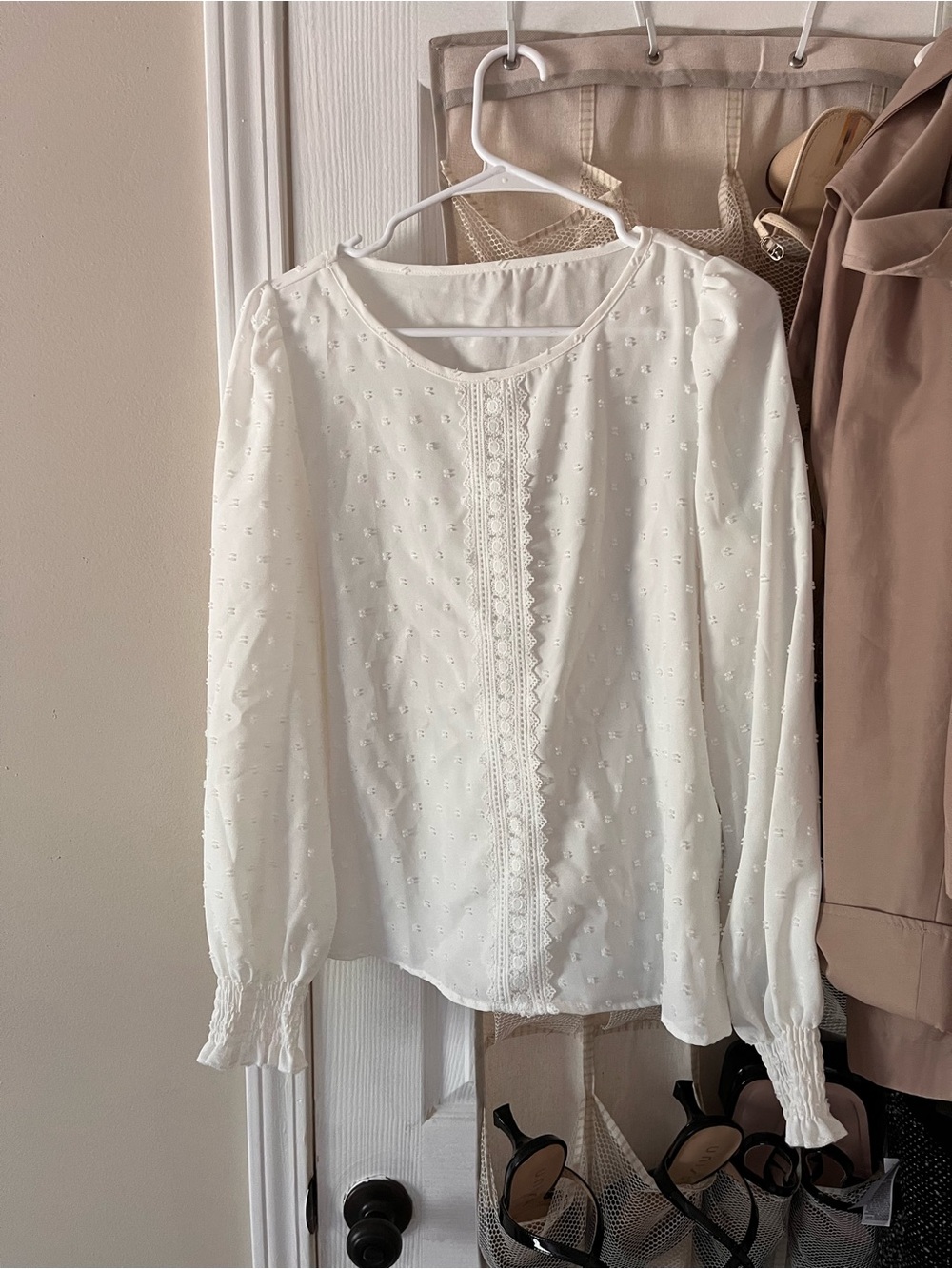 Women's White Eyelet Lace-Front Long Sleeve Blouse